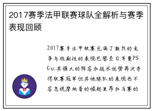 2017赛季法甲联赛球队全解析与赛季表现回顾