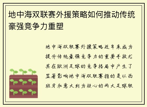 地中海双联赛外援策略如何推动传统豪强竞争力重塑