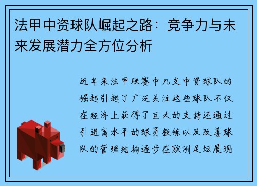 法甲中资球队崛起之路：竞争力与未来发展潜力全方位分析