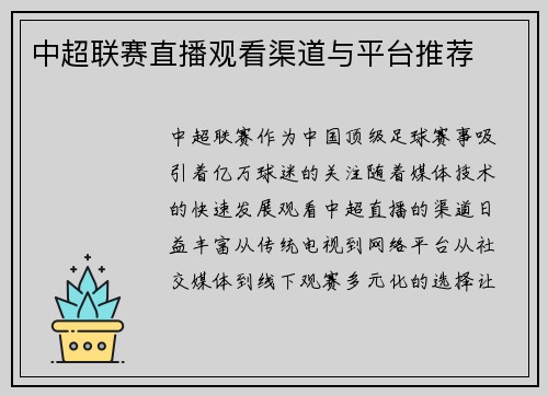 中超联赛直播观看渠道与平台推荐