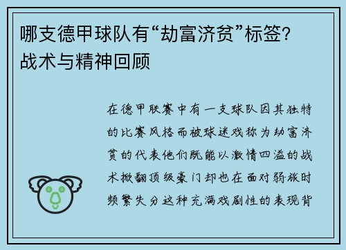 哪支德甲球队有“劫富济贫”标签？战术与精神回顾
